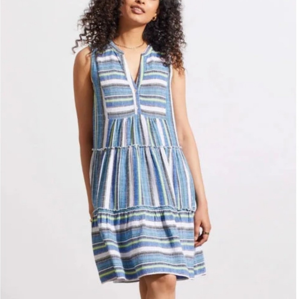 Tribal Jeans Blue Green Striped Linen Blend Tiered Mini Flowy Dress M‎